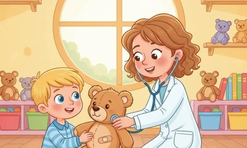 A smiling female doctor with light brown curly hair, wearing a clean white coat and a blue stethoscope, kneels to listen to a large light-brown teddy bear with a small belly bandage placed on a low white table; to her left is Timmy, a about 4-year-old blond boy with big blue eyes in striped pajamas holding his teddy, looking reassured and smiling; the bright playroom has a colorful rug, soft pastel yellow walls, shelves with books and toys, and a round window letting in warm morning light; tender, comforting scene with simple rounded shapes, soft textures, vivid contrasting colors, and a clear centered composition for toddlers.