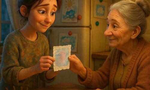A woman artist in her thirties with brown hair in a messy bun and a worn paint-stained sweater, face relieved and gentle, shyly offers a small creased illustration; an older aunt of about 60 with grey hair in a bun, wrinkled skin but kind eyes, wearing a warm cardigan, sits by a table under a soft yellow-shaded lamp and accepts the paper with emotion to pin on the fridge; the cozy kitchen has light vintage tiles, a magnetic fridge with colorful magnets, a worn wooden table, sheer curtains and a small pile of drawings and brushes; the scene focuses on the tender exchange of a blue-pink ink-and-wash drawing being handed over and gently attached to the fridge, with warm colors, soft contrasts and textured details like dried paint, creased edges and a shiny magnet.