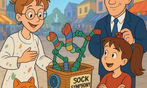 An inventive, shy but radiant adult woman with light brown hair in a messy bun and round glasses, paint- and sawdust-stained smock, timidly smiling and proudly showing a colorful mechanical laundry basket (Sock Symphony 3000) on a table; a ~12-year-old girl (Tessa) with brown hair in a ponytail, arms crossed then surprised and amused, stands to the right observing; an elegant middle-aged man (the mayor, ~50) with a ceremonial scarf smiles from slightly left rear holding a ribbon; a large lazy orange cat (Captain Pickles) sits on the table by an explanatory sign with a paw on a button labeled WOOO, mischievous; backdrop of the town main street with colorful stalls, banners, central fountain, light cobbles and a blue sky; the machine is a converted wicker basket with green rubber rollers, recycled-plastic articulated arms, a round speaker and a small cardboard sign, multicolored socks hang and a matched pair has just been sorted; scene: a public parade demonstration where the machine recognized a sock pair and played a joyful fanfare, the woman proud but flustered, the girl amused and surprised, the mayor approving, and the cat ready to trigger another sound.