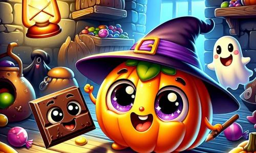 Ilustración que representa un pequeño caramelo de calabaza, redondo y naranja, con una cara sonriente y ojos chispeantes de emoción. Lleva un pequeño sombrero de bruja negro y una capa violeta de papel, saltando de alegría en medio de una habitación oscura llena de muebles viejos y polvorientos. Junto a él, una galleta de chocolate, con trozos de chocolate en su cara, muestra una expresión curiosa, sosteniendo una pequeña linterna que ilumina su camino. Un pequeño fantasma, con una cara amigable y un gran lazo rojo alrededor del cuello, se encuentra detrás de ellos, sonriendo y listo para jugar. El lugar principal es un viejo sótano misterioso, con paredes de piedra, telarañas en las esquinas y sombras danzantes creadas por la luz titilante de la linterna. Caramelos coloridos están esparcidos por el suelo, añadiendo un toque de magia a la atmósfera. La situación principal muestra a los personajes descubriendo un tesoro escondido de caramelos, rodeados de una atmósfera a la vez aterradora y alegre, con risas y expresiones maravilladas en sus rostros. Elementos gráficos adicionales incluyen estrellas brillantes en el techo, decoraciones de Halloween como calabazas sonrientes y fantasmas de papel colgados en las paredes, creando un ambiente festivo y lúdico.