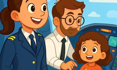 Uma mulher piloto, a Capitã Inês, está no cockpit de um avião, com um grande sorriso no rosto determinado. Ela usa um macacão de piloto azul-marinho com ombreiras douradas, e seus cabelos castanhos estão presos em um rabo de cavalo. Seus olhos brilham de excitação e confiança enquanto observa o céu azul com nuvens brancas. Ao seu lado, Tomás, um jovem copiloto de cerca de 30 anos, com cabelos castanhos e óculos redondos, consulta instrumentos de voo com uma expressão concentrada. Ele veste uma camisa branca e uma gravata preta, e se volta levemente para Inês, pronto para ajudar. Atrás deles, na cabine, uma menina chamada Lara, de cerca de 8 anos, está sentada com um caderno de viagem no colo. Ela tem cabelos cacheados e usa uma camiseta colorida com estrelas, olhando maravilhada para os pilotos, com um lápis na mão, pronta para desenhar. O cockpit é iluminado por luzes piscantes e instrumentos coloridos, com telas exibindo mapas de voo. A situação principal mostra Inês se preparando para a decolagem, explicando a Lara como funciona o cockpit, enquanto Tomás verifica os instrumentos. A excitação e a aventura estão no ar, enquanto eles se preparam para voar em direção a novos horizontes.