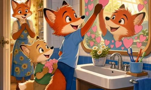 Main character: Franc, a small red anthropomorphic fox with a joyful, mischievous expression, bright eyes and a bushy tail, standing on tiptoe to stick a pink heart sticker on the large bathroom mirror. Secondary: his younger brother Finley, a small beige kit with soft fur and a playful smile, holding a stack of pink stickers and waiting his turn slightly behind and to Franc’s left. Important secondary: the mother fox, a warm silhouette in the kitchen doorway wearing a blue sunflower-patterned apron, surprised and moved with hands to her chest. Setting: a cozy bathroom with white and blue tiles, a toothbrush shelf and a small potted plant on the sink, the wide mirror reflecting golden morning light through the window. Scene: the brothers covering the mirror with heart stickers bearing little messages, warm colors and tender gestures, composition centered on the mirror to show faces and stickers in close-up.
