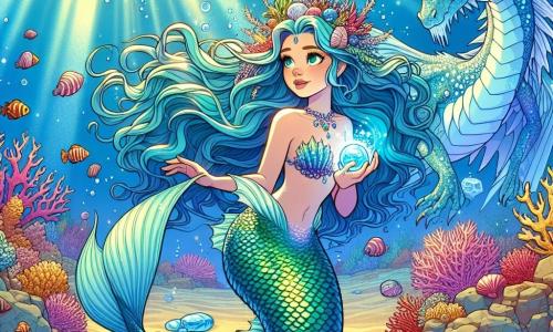 In der Mitte des Bildes schwimmt eine Meerjungfrau namens Maris anmutig im kristallklaren Wasser des Ozeans. Sie hat lange, wellige, leuchtend blaue Haare, die mit bunten Muscheln geschmückt sind, und ihre schillernden grünen Schuppen glänzen im Sonnenlicht. Ihr Gesicht zeigt eine Entschlossenheit, die mit Staunen vermischt ist, während sie eine leuchtende Wasserperle in ihren Händen hält. In der Nähe steht ein majestätischer Eisdrachen mit schimmernden Schuppen wie Kristallen im Hintergrund und beobachtet Maris mit einem wohlwollenden Blick. Seine großen Flügel sind angelegt, und er scheint bereit zu sein, ihr bei ihrer Suche zu helfen. Die Szenerie zeigt ein wunderschönes Korallenriff, gefüllt mit bunten Korallen und fröhlich umherschwimmenden tropischen Fischen. Sonnenstrahlen filtern durch das Wasser und erzeugen leuchtende Muster auf dem goldenen Sandboden. Die Hauptsituation zeigt Maris, voller Mut, bereit, den magischen Kristall, den sie gefunden hat, freizusetzen, während der Eisdrachen sie stillschweigend ermutigt und eine Atmosphäre von Abenteuer und Unterwasserzauber schafft.