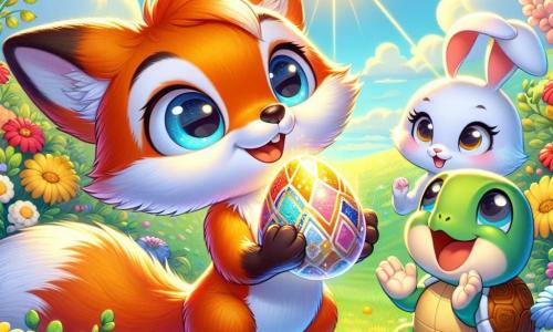 Ein kleiner Fuchs namens Felix mit leuchtend orangefarbenem Fell und großen neugierigen Augen steht im Zentrum eines bunten Blumenfeldes, lächelt staunend und hält ein glänzendes Ei in seinen Pfoten. Rechts von ihm schaut ein kleines weißes Kaninchen namens Lina mit großen Ohren und einem schüchternen Blick Felix mit weit aufgerissenen Augen an, beeindruckt von der Schönheit des Eies. Links applaudiert eine fröhliche Schildkröte namens Max mit ihrem grünen Panzer und einem breiten Lächeln begeistert, ihre kleinen Pfoten in die Luft erhoben. Der Ort ist ein sonniges Feld voller leuchtend roter, gelber und blauer Blumen unter einem hellblauen Himmel mit flauschigen weißen Wolken. Die Hauptsituation zeigt Felix, der das magische Ei entdeckt, umgeben von seinen Freunden, die alle von der Magie von Ostern begeistert sind.