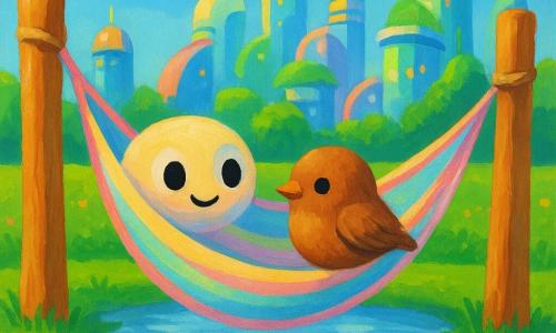 Een grote antropomorfe hangmat met twee vriendelijke ogen en een zachte glimlach, in pastel gestreept katoen, wiegt rustig tussen twee brede, gepolijste lichte houten palen bij de rand van een klein vijvertje; een rond, bruin-oker musje zit in het midden naar het water te kijken; op de achtergrond zachte glanzende futuristische torens met daktuinen onder een heldere blauwe lucht, rondom zachte groene grasmat en kleurige bloemen die het licht weerspiegelen; rustige, warme sfeer in een levendig contrastrijke kleurenpalet, eenvoudige uitnodigende lijnen, in de stijl van acrylverfschildering voor kinderen.