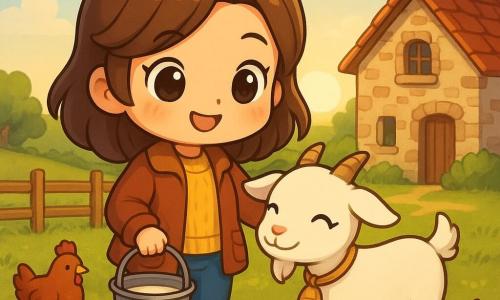 Marta, un'agricoltrice sorridente e determinata, indossa stivali di gomma e una giacca di lana. Tiene un secchio di latte fresco in una mano e accarezza una capra bianca con l'altra. Accanto a lei, una capra di nome Bella, con un piccolo campanello al collo, sta gioiosamente vicino a Marta. Lo sfondo è una fattoria pittoresca con una vecchia casa in pietra, campi verdi e un cielo leggermente nuvoloso. La scena principale mostra Marta e Bella davanti alla casa, circondate da alcune galline che beccano il terreno, mentre il sole sorge all'orizzonte, inondando la scena di una dolce luce dorata.