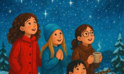 Ci sono 4 bambini: Sofia, una ragazza di 12 anni, ha capelli castani ricci e indossa un cappotto rosso vivo. È a sinistra, guardando con meraviglia il cielo stellato. Giulia, una ragazza di 11 anni, ha capelli biondi e lunghi, indossa un berretto di lana blu. È accanto a Sofia, con le mani giunte per l'eccitazione. Marta, una ragazza di 12 anni, ha occhiali rotondi e capelli castani legati in una coda di cavallo. È a destra, tenendo una tazza di cioccolata calda fumante. Elisa, una ragazza di 11 anni, ha capelli neri e corti, indossa una sciarpa verde. È seduta su una coperta, sorridendo mentre guarda le stelle. Il luogo è una collina innevata che domina un villaggio illuminato. La neve scintilla sotto la luce delle stelle e alberi di Natale coperti di neve circondano la scena. Il cielo è una cupola di notte profonda, punteggiata di migliaia di stelle brillanti. La situazione principale mostra i bambini meravigliati da un cielo stellato eccezionalmente luminoso. Le stelle sembrano danzare e formare motivi magici, illuminando i loro volti con una luce soffusa e creando un'atmosfera fiabesca e accogliente.