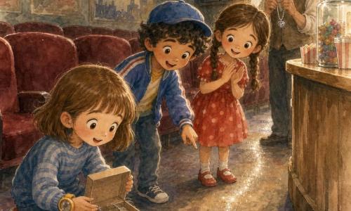 Una bambina di 6 anni sognante e concentrata, occhi grandi e brillanti, capelli castano chiaro corti con frangetta, con una lente gialla al polso e un maglione a righe blu, è inginocchiata vicino a un corridoio del cinema guardando a terra e tenendo delicatamente una piccola scatola di cartone aperta; un ragazzo di circa 7 anni, entusiasta, capelli ricci neri, con un berretto blu e giacca sportiva, sta dietro di lei indicando una scia scintillante sul pavimento; un'altra bambina di circa 6 anni, gioiosa con due trecce brune e un vestitino rosso a pois bianchi, applaude vicino a una fila di poltrone di velluto; un uomo di circa 50 anni, il proiezionista, dal volto caldo e piccolo baffo, con un basco rosso tiene timidamente una collana argentata a forma di cuore accanto a una piccola cabina di proiezione aperta; interno di un cinema di quartiere con file di poltrone bordeaux, pavimento leggermente consumato con briciole di popcorn, un banco di dolci in legno chiaro e pareti con locandine colorate, luce soffusa che rende visibile la polvere di pellicola; situazione: i bambini trovano la collana scomparsa nella scatola e seguono una sottile scia luccicante di zucchero verso il bancone, espressioni di meraviglia e sollievo, composizione centrata, colori pastello ad acquerello, texture sfocate e riflessi luminosi sul metallo della collana.