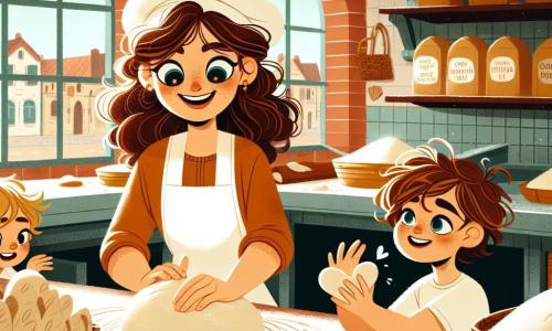 Sofia, una giovane donna sorridente di circa 25 anni, con capelli castani ricci e occhi pieni di gioia, sta impastando della pasta per il pane nella sua panetteria. Indossa un grembiule bianco macchiato di farina e un cappello da panettiere, e il suo viso irradia entusiasmo mentre spiega ai bambini come fare il pane. Luca, un ragazzo di 8 anni con capelli biondi arruffati e occhi blu curiosi, osserva attentamente Sofia, tenendo un pezzo di pasta nelle sue piccole mani. Giulia, una ragazza di 7 anni con capelli castani intrecciati e un sorriso splendente, sta formando un piccolo pane a forma di cuore. La panetteria, "Il Cuore di Pane", è un luogo caldo e accogliente, con muri in mattoni rossi e scaffali in legno pieni di sacchi di farina e cesti di pane dorato. In questa scena, Sofia mostra ai bambini come impastare la pasta, riempiendo l'aria di risate e gioia, mentre i bambini si divertono a creare le proprie forme di pane.