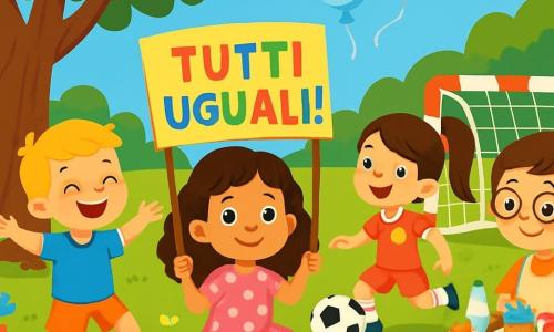 Ci sono 4 bambini: Emma, una ragazza di 7 anni con capelli ricci e castani, indossa un vestito rosa a pois bianchi e si trova sotto un grande albero, tenendo un cartello colorato con la scritta 