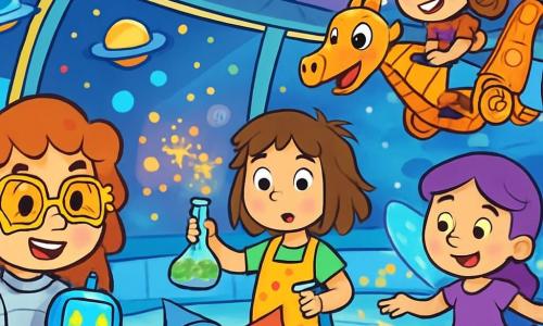Ci sono 4 personaggi: - Milla: una ragazza di 8 anni con capelli ricci e occhiali a forma di stella. Indossa una tuta spaziale argentata e tiene un piccolo robot luminoso tra le mani. - Viola: una ragazza di 7 anni con ali scintillanti e un vestito viola. Sta lanciando scintille magiche nell'aria, circondata da bolle colorate. - Gioia: una ragazza di 9 anni con capelli disordinati e un grembiule macchiato. Tiene un flacone fumante e guarda con curiosità i gnomi che litigano. - Lulù: una ragazza di 6 anni con un cappello da pilota e un sorriso malizioso. È in equilibrio su un drago meccanico che vola in cerchi attorno agli altri personaggi. L'ambientazione è nella stazione spaziale di Zuccheroplanet, un luogo futuristico con muri di vetro trasparente, luci scintillanti e macchine volanti che fluttuano nell'aria. Le stelle brillano attraverso le finestre e colori vivaci illuminano ogni angolo della stazione. La situazione principale mostra le quattro amiche che cercano di calmare il caos provocato dai gnomi in lite, mentre i robot volano attorno a loro, creando un vortice di colori e magia. I personaggi stanno pensando a una soluzione per ripristinare l'armonia nella stazione.