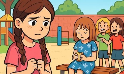A 10-year-old girl, Maya, stands in the middle of a sunny schoolyard, with braided brown hair and a pink t-shirt. She looks worried, with furrowed brows and clenched hands, observing a sad scene. Next to her, another girl, Zoe, also 10, sits on a bench with her head down, wearing a blue floral dress and mismatched colorful socks. She appears sad and isolated, holding a half-eaten sandwich. A group of three children, led by Olivia, a 10-year-old with curly blonde hair, stands a few steps away, laughing and pointing at Zoe with mocking expressions. The yard is surrounded by brick walls, with green trees and colorful wooden play equipment in the background. The situation shows Maya hesitating to approach Zoe to talk, while Olivia and her friends continue to mock, creating a tense and emotional atmosphere.