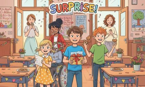 Six characters in a bright classroom: Ethan (9, short brown hair, bright blue T‑shirt and jeans) stands center front holding a ribbon‑decorated box of cookies and smiling; Lily (8, blonde pigtails, yellow polka‑dot dress) left of Ethan offers a glittery card; Max (9, tousled red hair, green T‑shirt) right of Ethan clumsily juggles three cookies; Mia (10, black ponytail, red jacket) sits in a floral wheelchair behind Ethan placing a flower crown on the table; two mothers enter from rear doors—Ethan’s (~35, light brown hair tied, pastel dress) hand to mouth, surprised and tearful, and Lily’s (~32, curly brown hair, cream blouse) smiling with hands at her chest; warm, morning‑lit classroom with wooden tables, colorful garlands, alphabet posters, flower boxes and plates of cookies on a central table; children shout “Surprise!” with confetti in the air and a festive, joyful atmosphere.