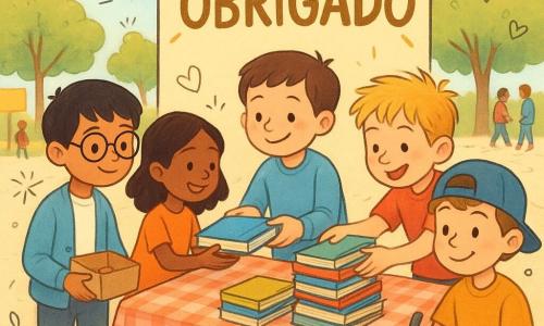 Quatro crianças: Tomás, 9 anos, cabelos castanhos curtos, cardigan azul-claro, ao centro arrumando livros; Martim, 9 anos, cabelos loiros despenteados, t-shirt vermelha, à direita empilhando livros; Rui, 9 anos, cabelos negros lisos e óculos redondos, à esquerda segurando uma caixinha para moedas; Diogo, 9 anos, cabelo castanho claro e boné ao contrário, à frente tocando um cartaz com a palavra OBRIGADO em dourado. Cena numa pátio escolar ensolarado com mesas cobertas por toalhas xadrez, árvores ao fundo e famílias passeando; os quatro organizam uma mesa da Feira das Trocas cheia de livros por temas, sorriem e ajudam uma menina que estende um livro, atmosfera colaborativa, cores vivas e estilo infantil com doodles decorativos.