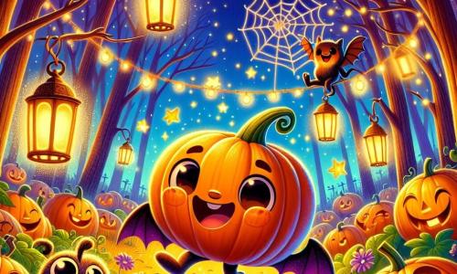 In an enchanted forest, a cheerful little pumpkin named Pippin, round and shiny with a big smile and sparkling eyes, dances in the middle of his patch, illuminated by a magical lantern that twinkles around him. Next to him, Benny, a small bat with shimmering wings, joyfully flies in pirouettes, his face beaming with excitement. Lila, a mischievous spider with delicate legs and playful eyes, weaves sparkling webs on the branches, laughing joyfully. The setting is a vibrant pumpkin patch, surrounded by trees with golden leaves and twinkling stars in a night sky, creating a magical and festive atmosphere. The main scene shows Pippin and his friends preparing for a Halloween party, happily decorating their patch with glowing lanterns and spider webs, filled with laughter and friendship.