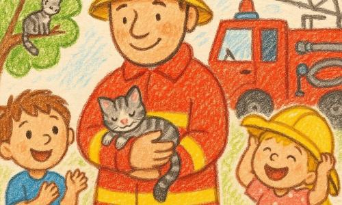 A smiling, calm, large firefighter in a bright red coat with yellow reflective stripes and a shiny yellow helmet gently holds a small gray-and-white tabby kitten while a wide-eyed 5-year-old boy in a blue T-shirt applauds to his left and a laughing 4-year-old girl with blonde pigtails in a pink polka-dot dress tries on an oversized firefighter helmet to his right; a red fire truck with a ladder, hose and bell is parked in the background near a low tree with green leaves and a broken branch where the kitten had perched, all in a soft, bright, colored-pencil style with simple lines, rounded shapes and warm expressions.