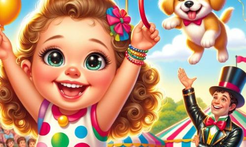 Una niña de 4 años, con grandes ojos brillantes y cabello rizado, lleva un vestido colorido con lunares y una gran sonrisa. Sostiene un pequeño aro de plástico, lista para ayudar a un perro. A su lado, un entrenador de circo de unos 30 años, con un gran sombrero y una chaqueta brillante, sonríe orgulloso mientras anima al perro. El perro, un pequeño golden retriever llamado Max, salta a través de un aro, con las orejas al viento. La escena tiene lugar en un parque soleado, lleno de carpas de circo coloridas, globos flotantes y espectadores asombrados. Las luces brillantes iluminan el ambiente festivo. La situación principal muestra a la niña emocionada levantando el aro mientras Max se prepara para saltar, creando un momento de alegría y anticipación en el circo.