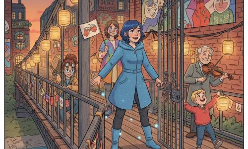 Mira Bright, a brave young woman with a radiant face, short midnight-blue hair and a gentle smile, in a shimmering blue coat and glowing boots, stands at the center of an old wooden pedestrian bridge opening a large metal gate with a determined, joyful expression; Lena, a young inventor of about 14 with brown hair in a ponytail and round glasses on her head, crouches left of Mira with a flashlight and a backpack of tools; Tori, a painter around 20 with paint-splattered features, holds a small hand-painted flag behind Mira, moved and grateful; an elderly violinist in a gray coat plays a cheerful tune on the right; a blond boy of about 6 jumps for joy holding a paper lantern in the foreground right; the scene is a warm, optimistic celebration at dusk over a shimmering river, bridge rails hung with painted flags, paper lanterns casting warm light, Art Quarter brick walls with colorful murals behind, small lights sparkling underfoot, soft detailed style with rounded features and visible wood, metal and paint textures, warm palette of oranges, deep blues, reds and greens.