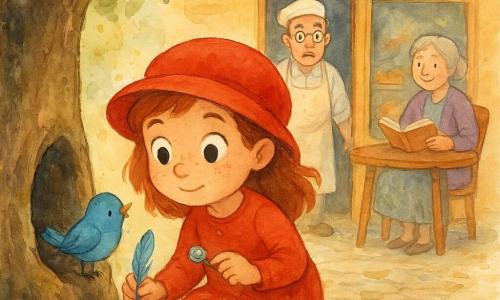 The protagonist is a young girl, Mia, wearing a round red hat with freckles and a focused smile, crouched holding a small silver button and a blue feather, muffin crumbs on her knees; a secondary character is Mr. Bumbles, the baker, with round glasses and a flour‑stained white apron standing kindly surprised in the bakery doorway; another is Granny May, a gentle grandmother with gray hair in a bun, seated at an outdoor table reading and smiling; a small round mischievous blue bird with a thin ribbon and the silver button perched nearby sits by a tree hollow containing a few half‑eaten muffins; the setting is the storefront of a small bakery on the cobbled Sunny Lane with an open wooden door, painted pastry window, and an old oak with a mossy hollow and scattered leaves; the scene shows Mia discovering the hidden muffins with the bird beside her, Mr. Bumbles at the door and Granny watching, rendered in warm, bright pastel watercolor textures with controlled splashes suggesting movement.