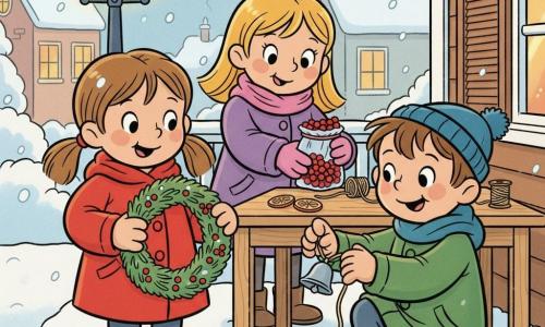 There are three children: Mia, about 5, light brown hair in pigtails, wearing a red coat, standing left and arranging green twigs on a wreath; Leo, about 5, short brown hair, blue hat and green coat, crouched right, tying a small silver bell to the wreath with string and smiling mischievously; Nora, about 5, blond hair under a pink scarf, purple coat, standing behind a wooden table and offering a small bag of shiny red cranberries to Mia; they are on a snowy front porch with a lit vintage lamppost, a wooden table with dried orange slices and string, and houses with lit windows in the background as snowflakes fall, creating a warm, wintry scene of children collaboratively decorating a Christmas wreath.