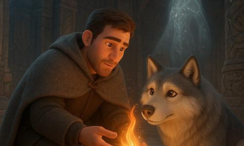 A man (~35, square face, short brown hair, light beard, warm determined gaze) in a heavy grey wool cloak and snow-dusted leather boots kneels at a large stone hearth, gently blowing on a glowing ember to relight a flame; a loyal male dog with thick white-and-grey fur and bright amber eyes rests its muzzle on his hand, confident and affectionate; a nonhuman spectral guardian of silvery mist and glowing runes floats near carved pillars in the background. The scene is a great ancient hall beneath a mountain with grey dressed stone, dragon-and-wolf pillars, faded banners, golden shafts of light through cracks and thin smoke rising to wooden beams. Moment of rebirth as the ember becomes a golden flame, illuminating faces with warm halos and dancing sparks; palette contrasts cold blue-grey stone and snow with warm golds and reds. Composition: slightly overhead close shot on the man and hearth with the dog in the foreground and the guardian and pillars in the depth. Visual style: soft, rounded 3D render with realistic wool, leather and stone textures, readable childlike expressions and cinematic warm lighting.
