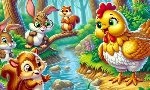 A hen named Henrietta, with golden feathers soft as clouds, stands by a stream, her eyes shining with worry and determination. She sings enthusiastically, her wings slightly spread, ready to help her friends. Beside her, Benny the rabbit, with large ears and brown fur, looks on bravely, ready to jump into adventure. Lily the squirrel, with a bushy tail and mischievous eyes, climbs a branch, curiously observing the scene. Max the mole, wearing small round glasses, stands a bit back, holding an open book, looking thoughtful. The usually cheerful stream is dry, with parched stones and wilted flowers all around, creating a sad atmosphere. The scene takes place in the enchanted forest of Willow Wood, where majestic trees with thick trunks and bright green leaves form a natural canopy above them. Henrietta and her friends prepare to solve the mystery of the missing water, united by their friendship and determination to bring magic back to the stream.
