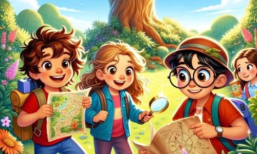 An 8-year-old boy, Max, with messy brown hair and round glasses, smiles excitedly while holding a treasure map. He wears a red t-shirt and blue shorts, and his eyes shine with curiosity. Beside him, Mia, an 8-year-old girl with long blonde hair, carries a colorful backpack filled with snacks and looks at the map with intrigue. Sam, an 8-year-old boy with black hair and glasses, leans forward, holding a magnifying glass, focused on a shiny stone on the ground. Lily, an 8-year-old girl with brown hair and an explorer hat, kneels nearby, examining a clue on the ground with a big smile. The scene takes place in a sunny garden filled with colorful flowers and a majestic oak tree, surrounded by bushes that create an enchanted forest. The children are surrounded by decorated leaves and stones, and the atmosphere is filled with laughter and excitement. Max and his friends are on a quest to discover hidden treasure, searching for clues on the map while having fun together.