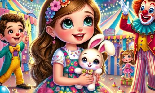An 8-year-old girl named Lila, with long brown hair and sparkling curious eyes, wears a colorful flower-patterned dress and shiny red shoes. She smiles in wonder, holding her adorable stuffed rabbit, Mr. Whiskers, close to her chest. Next to her, a joyful clown in his thirties, with a big red nose and a bright smile, juggles colorful balls, adding a touch of magic to the scene. A little fairy named Twinkle, with sparkling wings and a flower crown, flies around Lila, sprinkling stardust. The setting is a vibrant carnival filled with colorful tents, twinkling lights, and candy stands. Balloons float in the air, and children's laughter echoes, creating a joyful and festive atmosphere. The main scene shows Lila, amazed, discovering the magical world of the carnival, surrounded by fantastic creatures and enchanting performances, while the clown and the fairy share moments of joy and friendship with her.
