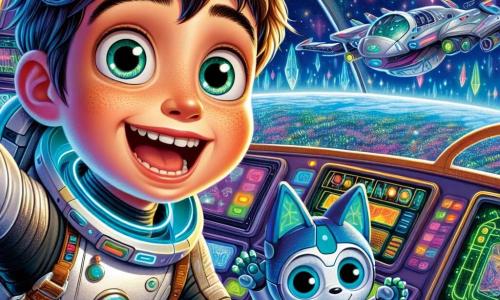 Davi, um garoto de 8 anos com cabelos castanhos bagunçados e olhos brilhantes de curiosidade, usa um uniforme espacial prateado. Ele está em pé no convés da nave Estrela Veloz, com os braços abertos, um grande sorriso no rosto, transbordando de empolgação para conhecer extraterrestres. Ao seu lado, Pixel, seu robô de companhia, é uma pequena criatura azul em forma de cachorro, com orelhas triangulares e olhos brilhantes, que se transforma em dinossauro, pronto para acompanhá-lo nesta aventura. O local é o convés da nave espacial, cheio de luzes piscantes, botões coloridos e uma grande tela holográfica mostrando a bela paisagem de Xylon, com seus cristais cintilantes e montanhas flutuantes. Davi e Pixel observam pela janela, maravilhados, enquanto a nave se aproxima do solo de Xylon, prontos para seu primeiro contato com os misteriosos habitantes deste mundo fascinante.