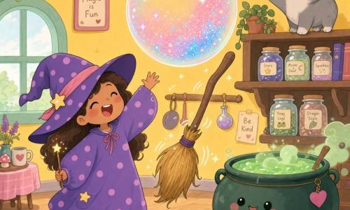 Lili, aprendiz de bruxa de cerca de 6 anos, alegre e maravilhada, usa um grande chapéu pontudo que lhe tapa um olho, vestido curto roxo de bolinhas, meias listradas e segura uma varinha brilhante que deixou escapar uma enorme bolha transparente cheia de glitter rosa e azul; Lili estende as mãos rindo, Pingo, o gato de meia macho, pequeno e rechonchudo com uma meia em cada orelha, está numa prateleira próxima olhando a bolha e miando com a pata levantada, uma vassoura velha de madeira com cerdas douradas gira no ar empurrada pela bolha, a cena passa numa cozinha de bruxa acolhedora e colorida com caldeirão fumegante verde, frascos etiquetados, prateleiras de madeira, luzes em forma de estrela e paredes amarelo mostarda, estilo kawaii minimal, paleta pastel, traços simples e contornos arredondados, atmosfera encantadora e divertida.