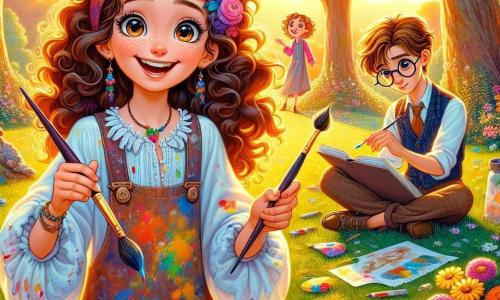 Mia, a twelve-year-old girl, is at the center of the image with long curly hair and sparkling creative eyes. She wears a colorful, paint-stained apron and smiles joyfully while holding a brush in one hand and a palette of vibrant colors in the other, ready to paint her masterpiece. Next to her, Leo, a boy her age with messy brown hair and round glasses, sits on the grass, focused on his sketchbook. He looks excited, his eyes shining with enthusiasm as he draws a landscape inspired by their surroundings. The setting is a lush park, bathed in golden light from the setting sun. Majestic trees surround the scene, their leaves gently dancing in the wind, while colorful flowers dot the ground. In the background, children play and laugh, adding to the joyful atmosphere. The main situation shows Mia and Leo engaged in artistic creation, surrounded by friends, sharing laughter and ideas, with colorful artworks displayed around them, reflecting their shared passion for art.
