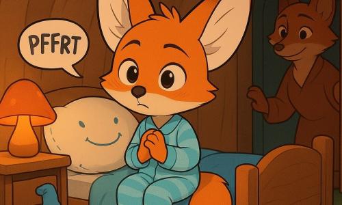 Ein junger anthropomorpher Fennek-Fuchs mit leuchtend orangefarbenem Fell und weißer Brust, großen haselnussbraunen Augen, die vom Zurückhalten eines Lachens leicht gerötet sind, trägt hellblau gestreiften Schlafanzug, sitzt aufrecht am Bettrand, Hände gefaltet, Blick ernst und gerührt; ein rundes prall gefülltes weißes Kissen mit blauen Nähten und einem gestickten lächelnden Gesicht liegt unter seinem Kopf und zeigt als Sprechblase pffrt in komischer Schrift; die Mutterfuchs, größer, dunkler rötliches Fell und sanfte Augen, steht im Eingang der Höhlenkammer mit der Hand am Türrahmen, zärtlich-amüsiert; eine kleine blaue Socke hängt halb aus einer offenen Kommode, und eine pilzförmige Lampe wirft warmes orangenes Licht; Boden mit grünem Moosteppich und ein paar trockenen Blättern, abgerundete Holzwände wie eine gemütliche Höhle; ruhige, behagliche Szene, Komposition zentriert auf das Bett, leicht schräge Blickwinkel für intime nächtliche Stimmung, warme Farbtöne (Orange, sanftes Blau, Moosgrün), weiche Cel-Shading-Schatten und leicht gefilzte Texturen für kindlich-beruhigenden Eindruck.