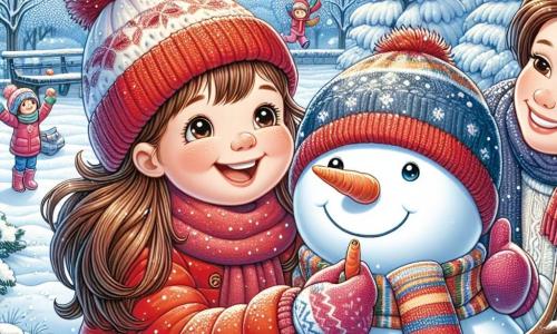 Een 9-jarig meisje, Emma, met lange bruin haar en roze wangen, lacht vrolijk terwijl ze een sneeuwman maakt in een winterlandschap. Ze draagt een felrode jas, een wollen muts en kleurrijke handschoenen. Naast haar helpt haar moeder, een vrouw van ongeveer 35 jaar met een glimlach en kastanjebruin haar in een knot, haar een wortel op de sneeuwman te plaatsen. Ze draagt een blauwe jas en een wollen sjaal. Op de achtergrond is het park bedekt met een dikke laag glinsterende sneeuw, met bomen met takken vol sneeuw en kinderen die spelen en op sleetjes glijden. De scène straalt een sfeer van geluk en plezier uit, die de magie van een winterdag met het gezin vastlegt.
