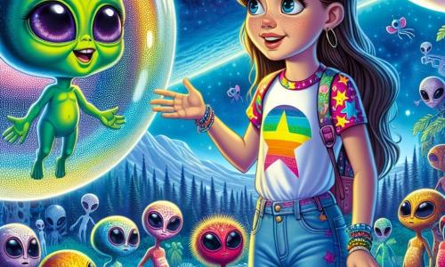 En el centro de la imagen, una niña de 12 años, llamada Sofía, con largos cabellos castaños y ojos brillantes de curiosidad, sonríe con asombro al ver a un pequeño extraterrestre. Lleva una camiseta colorida con estampados de estrellas y un pantalón corto de denim, frente a una esfera metálica brillante que se abre, revelando a un ser verde luminoso con grandes ojos morados, llamado Zilo. A su lado, hay un grupo de criaturas extraterrestres de diferentes formas y colores, algunas flotando en el aire, otras caminando sobre patas multicolores, todas observando la escena con fascinación. El decorado es un paisaje extraterrestre vibrante, con montañas de tonos azules y árboles con hojas brillantes de colores vivos, bajo un cielo estrellado lleno de planetas y nebulosas. La situación principal muestra a Sofía y Zilo encontrándose por primera vez, con Sofía extendiendo la mano hacia Zilo, lista para descubrir un nuevo mundo, mientras los otros extraterrestres los rodean, creando una atmósfera de emoción y magia.