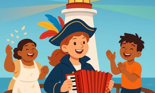 La protagonista es la capitana Lila, una chica alegre y decidida de rostro redondo con pecas y sombrero pirata con plumas, vestida con abrigo azul marino, que toca un pequeño acordeón rojo brillante; junto a ella está Nico, un chico de unos 10 años de cabello alborotado que aplaude y salta de alegría, y Jacinta, la cocinera adulta y rolliza con delantal manchado que ríe lanzando confeti de conchas; la escena ocurre en la cima de un faro de piedra blanca con barandilla de madera y lámparas de colores, cuando la nota clara del acordeón, ahora afinado, dispersa la bruma y baña el mar con haces de luz multicolor en una atmósfera luminosa y festiva.
