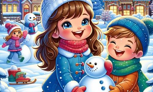Una bambina di 3 anni, con lunghi capelli castani e occhi scintillanti, indossa un bel cappotto blu, guanti rossi e un berretto di lana. Ride gioiosamente mentre costruisce un grande pupazzo di neve, con le guance arrossite dal freddo. Accanto a lei, un bambino di 4 anni di nome Marco, con capelli biondi arruffati e un sorriso splendente, rotola una grossa palla di neve. Indossa una sciarpa verde e un cappotto arancione, guardando Sofia con entusiasmo. Lo sfondo è un incantevole villaggio innevato, con case colorate dai tetti coperti di neve, luci scintillanti e alberi decorati con ghirlande. Il cielo è di un blu profondo, punteggiato da fiocchi di neve che cadono dolcemente. La scena mostra Sofia e Marco mentre creano un pupazzo di neve, circondati da altri bambini che si divertono a giocare nella neve, mentre una dolce luce del tardo pomeriggio illumina il paesaggio invernale.