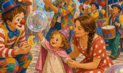 Una niña de 2 años, alegre y risueña, cabello castaño claro y rizado, ojos grandes, con capa rosa y pequeño sombrero estrellado intenta tocar una gran burbuja translúcida; su madre de unos 30 años, sonriente y protectora, con trenza y vestido de lunares, está arrodillada tomándole la mano, y el padre de unos 32 años, cantando con camisa colorida y vaqueros, aplaude y lanza confeti; a la izquierda pasa un pequeño payaso de unos 25 años con maquillaje redondo y traje a rayas ofreciendo una calcomanía en forma de luna. La calle del carnaval, adoquinada y decorada con guirnaldas, banderines y faroles, muestra puestos de madera pintados, tambores y una trompeta al fondo y un carro adornado con papel crepé rojo, amarillo y azul; burbujas gigantes brillan en primer plano, colores vivos y texturas gruesas de gouache, con la niña y la burbuja como centro de atención.