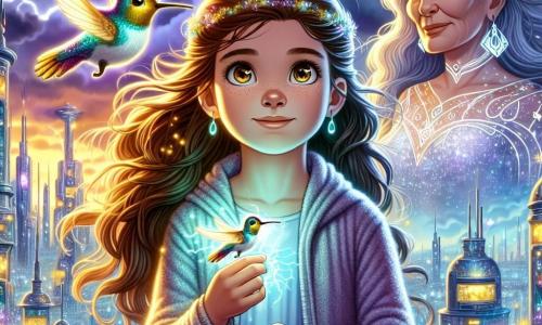 Ein 12-jähriges Mädchen, Lina, mit langen braunen Haaren und neugierigen Augen, steht auf dem Dach eines futuristischen Gebäudes, der Wind spielt mit ihren Haaren. Sie hat einen entschlossenen und mutigen Ausdruck und hält einen kleinen, kolibri-förmigen Droiden, Axiom, der in sanftem, freundlichem Licht leuchtet. Neben ihr beobachtet Seraphina, eine ältere Frau mit silbernen Haaren und einem schwebenden, mit magischen Symbolen verzierten Kleid, sie mit einem weisen und schützenden Blick, bereit zu helfen. Die Szenerie ist eine Mischung aus funkelnden Wolkenkratzern aus Glas und alten Steintürmen, unter einem stürmischen Himmel, in dem Blitze den Horizont erhellen. Die Stadt Arkanopolis pulsiert mit magischen Lichtern im Rhythmus der umgebenden Energie. Die Hauptsituation zeigt Lina und Seraphina, die sich darauf vorbereiten, einer dunklen Präsenz entgegenzutreten, die das Gleichgewicht ihrer Welt bedroht, umgeben von einer Aura aus Lichtenergie und spürbarer Anspannung, während Blitze den Himmel über ihnen durchzucken.