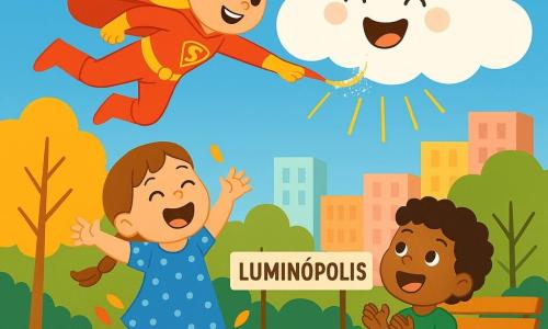 Uma super-heroína sorridente e dinâmica, cabelos dourados como o sol, traje vermelho e amarelo com capa leve, voa em diagonal e faz cócegas na nuvem Nuvem com um laço mágico cintilante para trazer de volta o sol; uma menina de cerca de 5 anos, pele clara e trança castanha, em vestido azul de bolinhas, ri e salta num monte de folhas à esquerda em primeiro plano; um menino de cerca de 6 anos, cabelos cacheados pretos e camiseta verde, aplaude junto a um banco à direita; a nuvem Nuvem é grande, branca e fofinha, com olhos redondos e sorriso, deixando passar raios de sol dourados; o cenário é um parque urbano colorido de Luminópolis — árvores verdes e amarelas, tapete de folhas laranja, postes redondos, prédios em tons pastéis e céu azul claro; cena alegre e luminosa, atmosfera quente, cores vivas, formas simples e contornos nítidos.