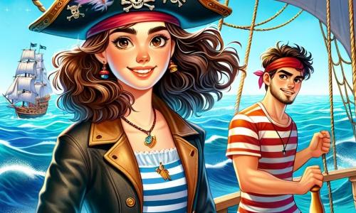 O tânără pirat, Mara, stă mândră pe puntea navei sale, Sirena Rosie. Are părul ondulat și brunet, ochi strălucitori de determinare și un zâmbet mare care îi arată curajul. Poartă o pălărie de pirat împodobită cu pene colorate și o jachetă din piele uzată, cu o curea plină de unelte de navigație. Lângă ea, Vasil, un băiat de 20 de ani, ține o busolă, cu fața marcată de excitație. Are părul scurt și o cămașă cu dungi, privind atent la mare. Mai departe, Toma, un tânăr de 18 ani, ajustează pânzele, brațele sale musculoase arătându-i munca asiduă. Zâmbește jucăuș și poartă un bandană roșie. Locul este un ocean vast și strălucitor, sub un cer albastru deschis cu nori albi. Nava alunecă pe valuri de un albastru profund, iar în depărtare se profilează o insulă misterioasă, cu palmieri verzi și stânci abrupte. Situația principală arată aventura lui Mara și a echipajului său, pregătiți să exploreze o insulă legendară în căutarea unui tezaur ascuns, cu entuziasm și spirit de echipă, hotărâți să depășească toate provocările.