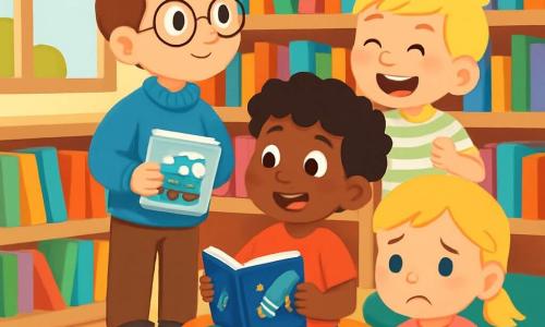 Er zijn 4 kinderen: - Mats: een 6-jarig jongetje met bruin haar en een bril met ronde glazen. Hij draagt een grote blauwe trui en houdt een boek over treinen in zijn handen. Hij staat bij een raam en kijkt nieuwsgierig. - Amir: een 6-jarig jongetje met zwarte krullen en sprankelende ogen. Hij draagt een rode t-shirt en glimlacht terwijl hij een boek over de ruimte leest. Hij zit op een zacht kussen naast Mats. - Jesse: een 6-jarig jongetje met blond haar en een ondeugende glimlach. Hij draagt een groene short en een gestreept t-shirt. Hij staat lachend net achter Amir. - Lotte: een 4-jarig meisje met blond haar in twee kleine vlechten. Ze draagt een roze jurk met hondenmotieven en houdt een boek over honden in haar armen. Ze zit op een tapijt, iets achteraan, met een verdrietige uitdrukking. De locatie is een lichte en uitnodigende bibliotheek met grote planken vol kleurrijke boeken. Zachte tapijten liggen verspreid over de vloer en er zijn kussens van verschillende vormen in het leesgebied. Een groot raam laat zonlicht binnen, dat de pagina's van de boeken verlicht. De belangrijkste situatie toont de kinderen die op zoek zijn naar een verloren boek. Mats kijkt geconcentreerd naar de planken, terwijl Amir en Jesse hem enthousiast aanmoedigen. Lotte, een beetje verdrietig, houdt haar favoriete boek vast terwijl ze hoopt haar boek over honden terug te vinden. De sfeer is zowel serieus als vol kameraadschap, wat het belang van samenwerking en vriendschap illustreert.