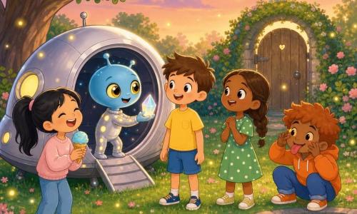 Cinco personagens: Tomás, rapaz de 10 anos, cabelos castanhos curtos, sorriso aberto, camiseta amarela e calção azul, ao centro diante de uma pequena nave olhando o extraterrestre; Leonor, menina de 9 anos, cabelo castanho comprido em trança, vestido verde com bolinhas brancas, mãos juntas à direita de Tomás, maravilhada; Sofia, menina de 9 anos, cabelo preto em rabo de cavalo, suéter rosa claro, segura uma bola de sorvete azul, à esquerda de Tomás, rindo; Miguel, rapaz de 10 anos, cabelo ruivo despenteado, hoodie laranja, fazendo careta, agachado junto à margem do lago; Lilu, pequeno extraterrestre azul‑celeste com grandes olhos dourados e uma roupa prateada com pontos luminosos, saindo de uma mini‑nave redonda e inclinando‑se amigavelmente para as crianças. Cenário: jardim secreto ao crepúsculo, relva verde com flores rosa, grande árvore à esquerda, pequeno lago circular brilhante, portão de madeira coberto de musgo ao fundo, luz dourada suave e algumas vaga‑lumes. Situação: encontro amistoso à beira do lago; Lilu desce por uma porta aberta e estende um pequeno cristal luminoso; expressões de alegria e curiosidade, silhuetas simples, cores em tons pastéis (azul‑celeste, amarelo, verde, rosa, laranja), traços arredondados e ambiente caloroso e mágico.