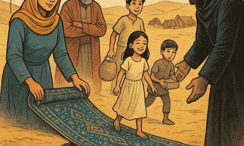 Samira, etwa 30, mit sanftem Gesicht und entschlossenen, ruhigen Augen, lächelt leicht und rollt am Rand einer tiefen Sandspalte einen kleinen blau-gold gemusterten Teppich aus, der als schimmernde, unsichtbare Luftbrücke dient; sie wirkt gelassen und zuversichtlich. Hinter ihr links steht der staunende 17-jährige Lieferjunge Nadim mit zerzausten Haaren und einem Wassersack, rechts der 45-jährige Karawanenführer mit wettergegerbtem Gesicht und Salz-und-Pfeffer-Bart, die Arme verschränkt, erleichtert aber misstrauisch, neben zwei knienden Kamelen; vorn rechts zögert der etwa 35-jährige Anführer der „Schatten“ im dunklen Mantel mit halb verhülltem Gesicht, die Hand ausstreckend, sein Blick wechselt zwischen Herausforderung und Neugier. Ein etwa 8-jähriges Mädchen in hellem Kleid geht zuerst über die Brücke, strahlend, ein 10-jähriger Junge folgt mit einer Medikamentenbox; die Szene spielt an einer weiten goldenen Düne mit enger, tiefer Schlucht, vereinzelt Palmen und einer Karawane aus Zelten, Kisten und Kamelen, warmer spätnachmittäglicher Sonnenschein, sandiges Glitzern; Grafikstil: körnig, sanfte Kontraste, ocker- und blaubetonte warme Farben, Linien wie bei einem alten Zeitungsstich.