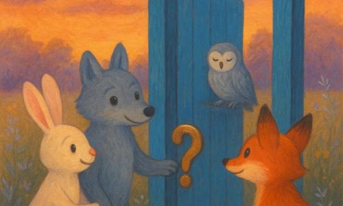 Willow, a small wolf with mist-colored fur and dew-bright eyes, looks curious and reassured, paw on a question-mark shaped brass handle of a blue mountain-colored door standing alone in a meadow; Pine, a shy cream-furred rabbit with long pink ears, smiles and holds Willow’s paw slightly left and foreground; Ember, a young fox with fiery red fur and eager, softened eyes, stands respectfully to the right, ear slightly lowered; through the open door a calm garden with silver grasses and a large gray-feathered owl perched on a log smiles gently; sunset bathes the scene in soft orange and violet light with long shadows, wildflowers and silvery grasses glinting—gouache style, visible textures, soft brushstrokes, saturated warm colors, composition centered on the door and the three friends.