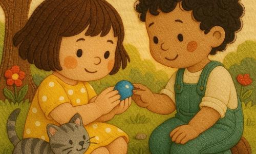 A joyful yet focused 4-year-old girl with short thick brown hair, round cheeks and a yellow dress with white polka dots holds a small shiny blue pebble to her heart; a curious, shy ~5-year-old boy with curly black hair and a chocolate smudge on his cheek in green overalls sits beside her on the grass, reaching for the pebble; a playful gray tabby kitten rubs against the girl's right leg with tail up; they sit facing each other in a soft clearing with felt-like green grass, red and white appliqué flowers and a stylized oak with fabric leaves, gently exchanging the blue pebble like a shared little sun under golden afternoon light.