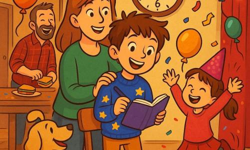 A smiling, awed 10-year-old boy with tousled brown hair wearing a blue sweater with gold stars stands on a small chair holding an open purple notebook and a pen, reading wishes aloud with an enthusiastic posture and bright eyes; nearby Zoe, about 6, with a ponytail and a pink glitter hat, jumps for joy with raised hands; the father, about 40, light beard and plaid shirt, laughs while making sandwiches at a table in the background near a door; the mother, about 38, light brown hair and a green sweater, hugs the boy's shoulder smiling from just behind the chair; the old beige dog Biscuit wags his tail and watches the notebook from the front right. The living room is warm and festive with colorful garlands, floating balloons, confetti on the floor, a large wall clock showing one minute to midnight, soft yellow lights and red curtains. Main scene: family gathered for New Year's, joyful and intimate, focused on the boy reading wishes with a lively, sparkling background. Style: bright colors, clean outlines, exaggerated friendly expressions, slight paper texture, centered child-friendly composition.
