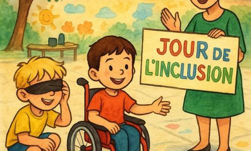 Há três personagens: Tomás, menino de 6 anos, cabelo castanho curto, pele clara, sentado em uma pequena cadeira de rodas vermelha, sorrindo e estendendo a mão para uma corda de pular à sua frente; Lucas, menino de 6 anos, cabelo loiro bagunçado, camiseta amarela, agachado à esquerda de Tomás, segurando uma faixa preta nos olhos e rindo; e a professora, mulher de cerca de 30 anos, cabelo castanho preso em coque, vestido verde, à direita atrás das crianças, aplaudindo e mostrando um cartaz colorido “Dia da Inclusão”; cenário: pátio escolar ensolarado com piso claro e desenhos de giz, mesa com objetos de jogo ao fundo, árvores e muro com murais infantis; situação: jogo inclusivo com tom alegre, risos, gestos de ajuda mútua e cores vivas.