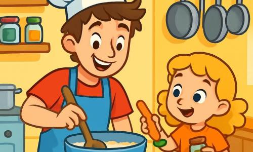 Um jovem chef de cozinha, Lucas, um homem na casa dos vinte anos, com cabelos castanhos bagunçados e um grande sorriso alegre, está no centro da cozinha. Ele usa um avental azul vibrante e segura uma colher de madeira, parecendo entusiasmado e concentrado, pronto para criar um prato delicioso. Ao lado dele, uma menina de 8 anos, sua irmã Emma, com cabelos loiros e cacheados, observa com admiração, os olhos brilhando de curiosidade, segurando um pequeno pote de especiarias. A cozinha é espaçosa e iluminada, com paredes amarelas ensolaradas, prateleiras cheias de frascos coloridos de ingredientes e panelas brilhantes penduradas acima de uma grande bancada de madeira. Na mesa, legumes frescos de cores vibrantes, como cenouras laranjas, tomates vermelhos e abobrinhas verdes, estão prontos para serem cortados. A cena principal mostra Lucas misturando ingredientes em uma tigela grande, enquanto Emma, animada, lhe oferece uma cenoura para que ele a adicione à receita. A atmosfera é alegre e cheia de criatividade, com risadas e aromas apetitosos pairando no ar.