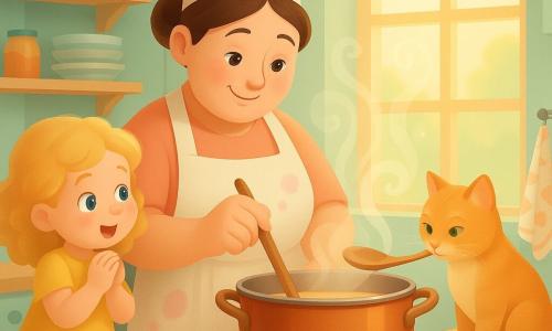 Uma mulher chef sorridente e meiga, rosto redondo e cabelo castanho preso em coque, veste um grande avental creme com manchas de farinha rosadas e mexe lentamente uma grande panela de cobre com uma colher de pau; uma menina de cerca de 5 anos, de cabelos loiros cacheados e vestido amarelo, está em um banquinho à esquerda observando a panela com surpresa e mãos juntas; um pequeno gato ruivo de olhos verdes está sobre a bancada à direita cheirando uma colher próxima à panela; a cozinha é acolhedora e luminosa, paredes verde-menta, prateleiras em madeira clara com potes coloridos e pilhas de pratos, grande janela redonda com luz dourada, bancada de madeira polida e panos estampados; cena principal: preparação de um 