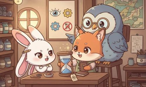 Rui, uma pequena raposinha chibi de pelagem ruiva e olhos curiosos, segura delicadamente uma ampulheta de vidro com areia azul que escorre, com expressão maravilhada e um caderninho marrom debaixo do braço; Lia, uma coelhinha chibi branca de orelhas rosadas, está à esquerda, sorrindo maliciosamente com os braços cruzados e um lápis atrás da orelha; o Mestre Mirto, um mocho idoso chibi de plumagem acinzentada e óculos redondos, sentado numa cadeira alta atrás de uma bancada, aponta suavemente para um quadro com as palavras 